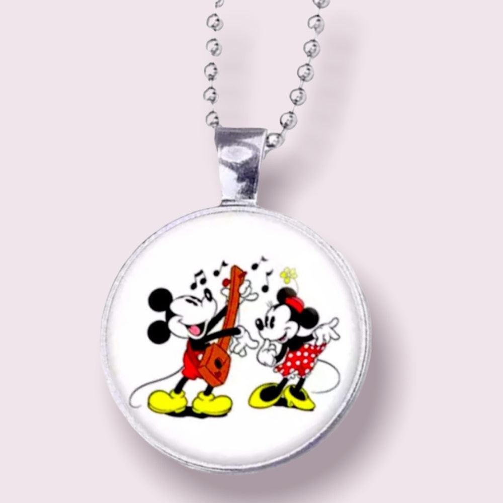 Disney Mickey Mouse Silver Glass Dome Pendant Necklace Cabochon Necklace - Picture 2 of 8